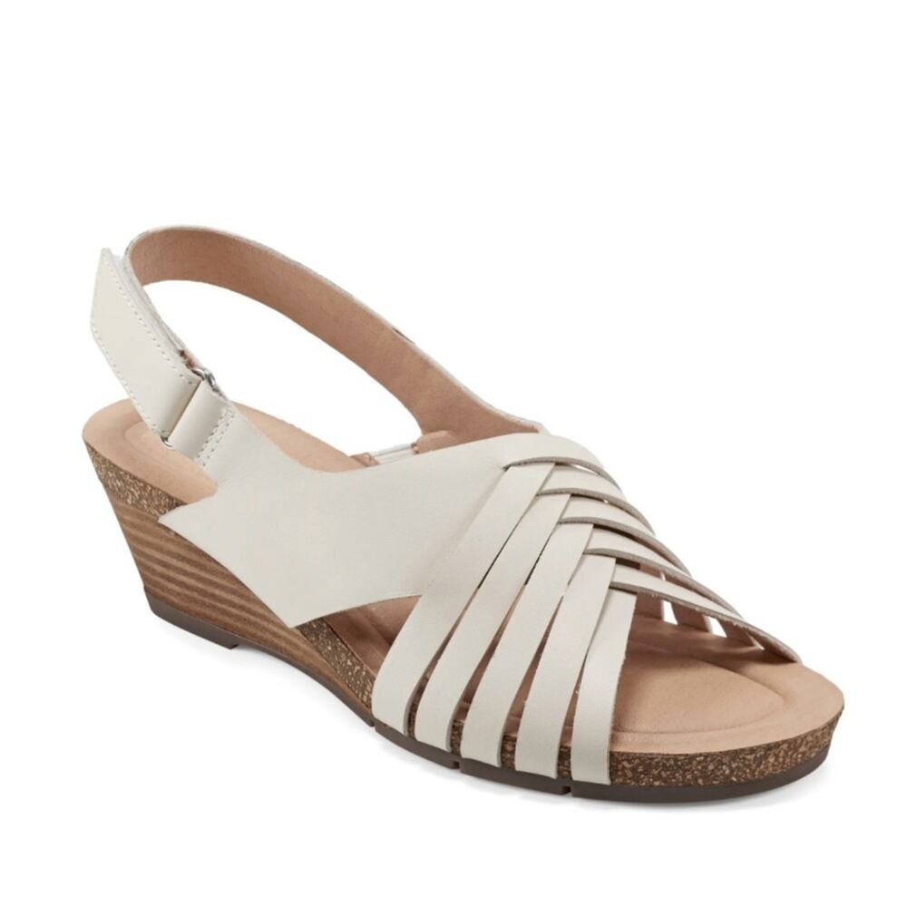 Earth Hartie Low Wedge Sandal Size 11 Off White Leather Adjustable Slingback New